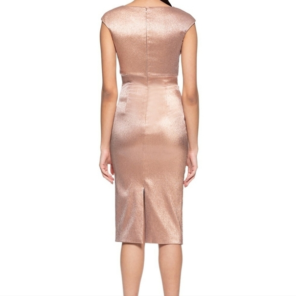 New Theia Cap-Sleeve Stretch Lamé Metallic Dusty Rose Cocktail Midi Dress NWT  2 - Picture 6 of 15
